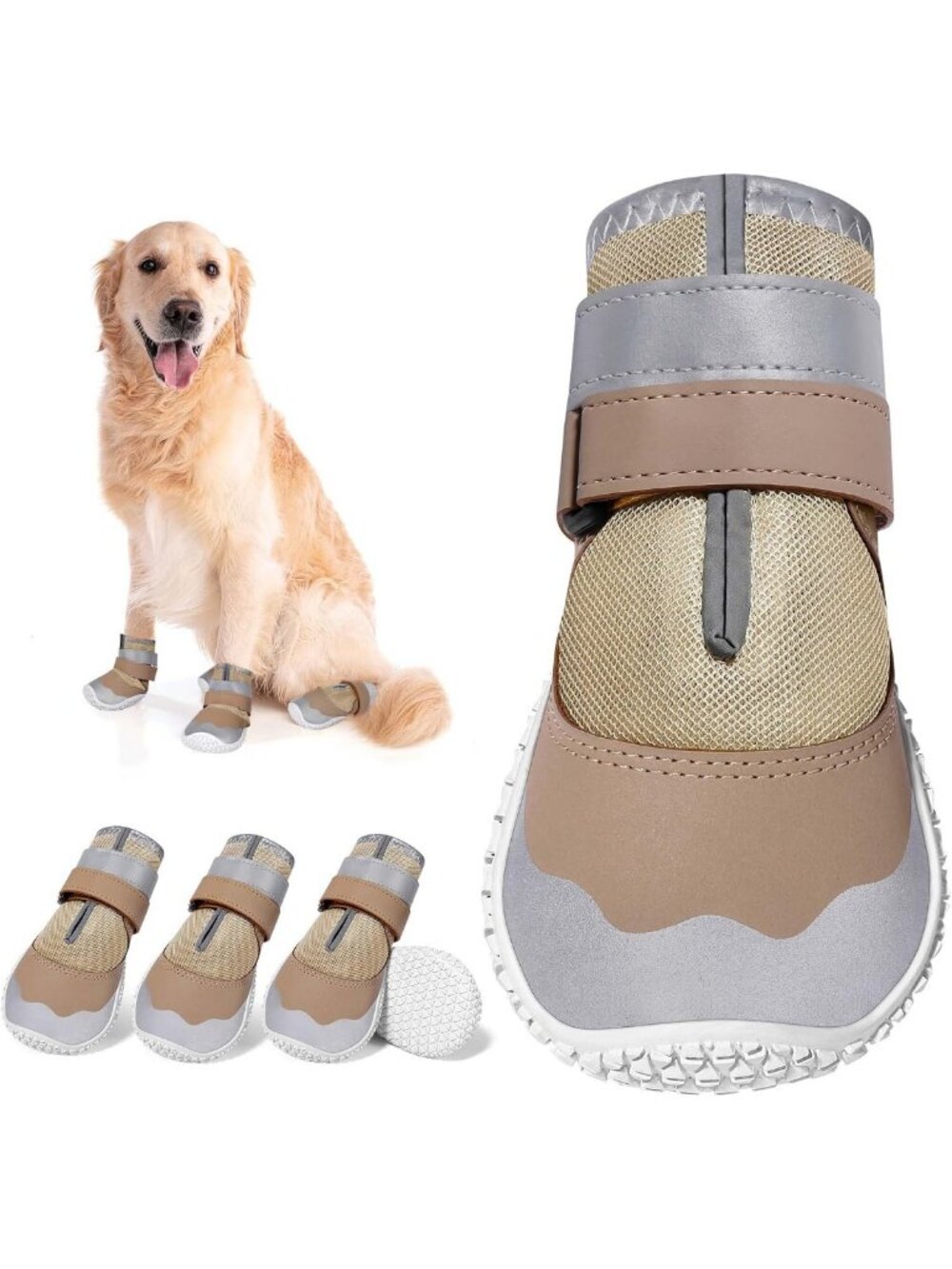 Stylish Mesh Dog Boots for Medium Dogs - Khaki 4PCS, Size 5, Waterproof